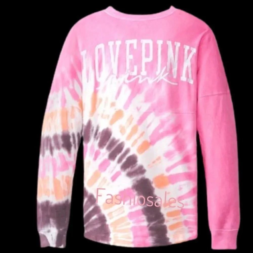 Victorias Secret Pink Varsity Crew Pullover Sweatshirt Pink Tie Dye Medium Xl